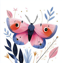 Colorful butterfly illustration surrounded by delicate flowers and leaves  