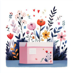 Pink box surrounded by colorful flowers and greenery in spring  