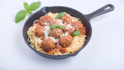 Delicious Spaghetti and Meatballs Topped with Parmesan Cheese and Basil Sprig