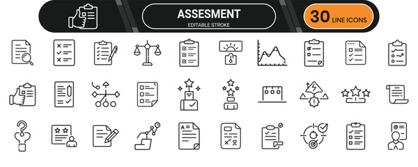Assessment line icons covering checklist, evaluation forms, scoreboards, performance tracking, and skills audit tools