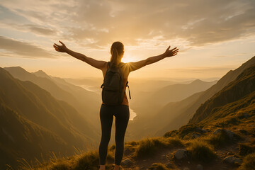 Hiker embraces the sunrise atop a mountain with arms wide open during early morning in a scenic landscape Generative AI