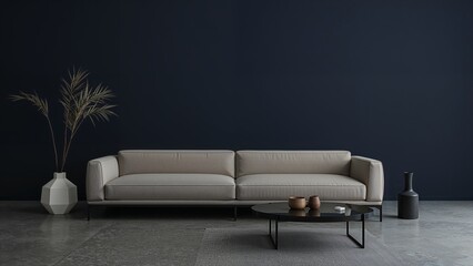 Minimalist spacious living room with navy blue background	
