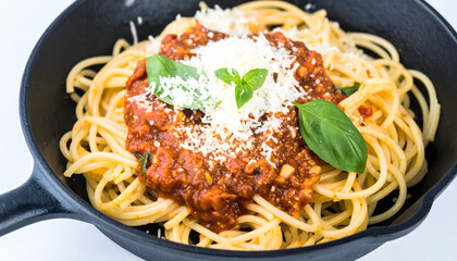 Delicious Spaghetti Bolognese Served in Cast Iron Pan for Restaurant Menu
