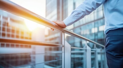 Businessman Contemplating Opportunities on a Modern Balcony Overlooking a Cityscape at Sunset with Elegant Architecture in the Background