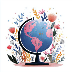 Globe with colorful continents surrounded by flowers and plants  