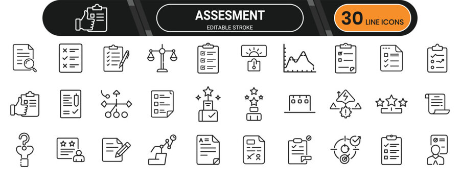 Assessment line icons covering checklist, evaluation forms, scoreboards, performance tracking, and skills audit tools