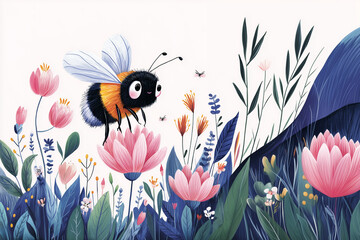 Colorful bee flying among vibrant flowers in a whimsical garden  