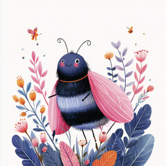 Cute cartoon bee smiling among colorful flowers in garden  