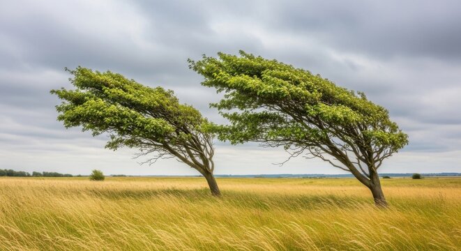 Two trees bending in the strong wind under a cloudy sky