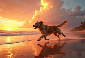 energetic dog running sandy beach during vibrant sunset glowing water reflection dramatic sky, waves, pawprint, animal, furry, nature, ball, fetch, breeze, golden