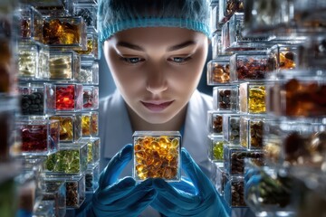 Scientist examines colorful capsules in a laboratory full of samples and research materials