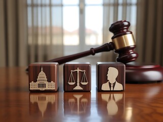 Wooden cubes with legal symbols and a gavel justice government