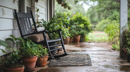 Tranquil porch rocking chair, lush greenery, rustic charm