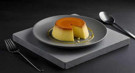 Minimalist presentation of pudding on concrete with modern cutlery, neutral lighting highlights a sophisticated look for menus