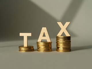 Wooden letters spelling tax on stacks of gold coins finance money