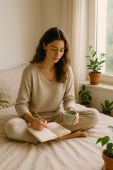 Young woman enjoys morning routine while journaling peacefully in cozy bedroom filled with plants and natural light Generative AI