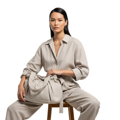 Portrait of a confident young businesswoman smiling in a suit with crossed arms on a white background