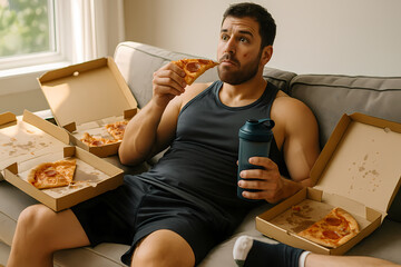 Man enjoys pizza at home while relaxing on the couch with takeout boxes scattered around in the afternoon light Generative AI