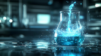 Glowing blue liquid in beaker science experiment laboratory research