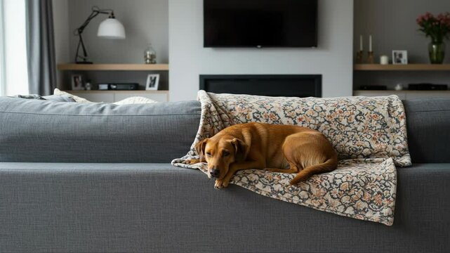 A brown dog rests peacefully on a gray couch, covered by a patterned blanket