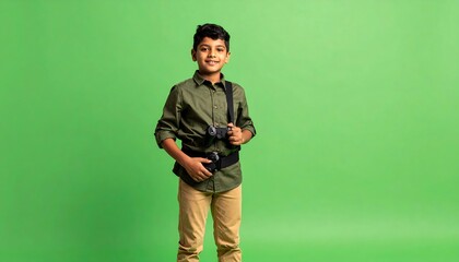 Enthusiastic Boy with Camera Smiling in Olive Green Shirt Against Green Background