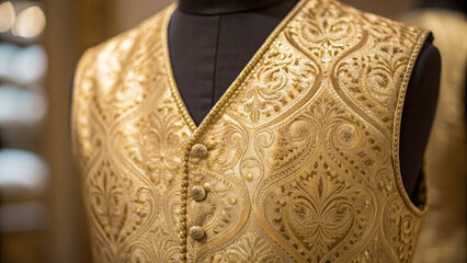 American aristocracy emerged through generations of wealth. Luxurious golden vest with intricate patterns displayed on a mannequin.