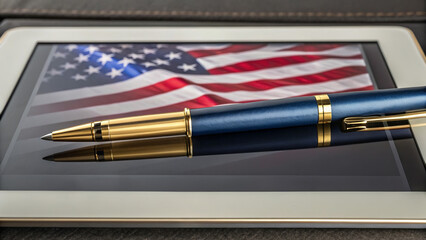 American aristocracy emerged through generations of wealth. Elegant pen on a tablet displaying the American flag, symbolizing patriotism and technology.