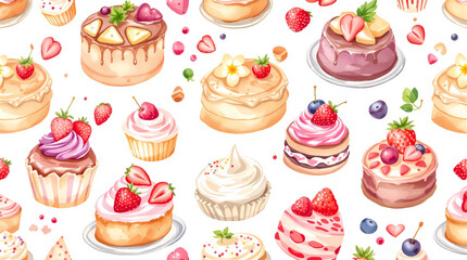 Watercolor Sweet desserts pattern on white background