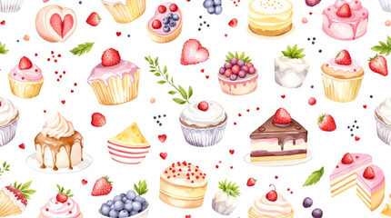 Watercolor Sweet desserts pattern on white background