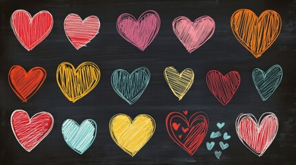 Colorful Hand-Drawn Hearts on Chalkboard Background for Romantic, Fun, and Creative Design Elements in Various Projects and Artworks