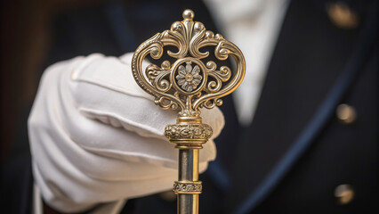American aristocracy emerged through generations of wealth. A close-up of a gloved hand holding an ornate, vintage key, symbolizing elegance and tradition.