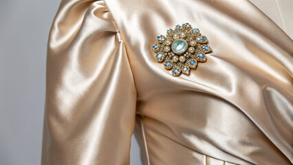 American aristocracy emerged through generations of wealth. Elegant satin garment with intricate brooch detail on the shoulder.