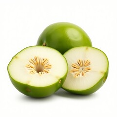 Whole and Halved Feijoa with Green Skin and Creamy Grainy Pulp