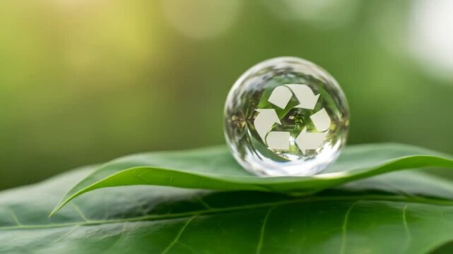 Recycling symbol reflected in glass sphere on leaf representing environmental sustainability and conservation