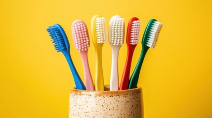 Colorful Toothbrushes in a Stylish Holder Against a Bright Yellow Background for Dental Hygiene and Oral Care Concepts