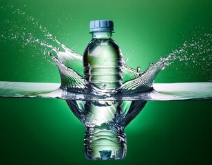 water bottle falling into water creating a splash isolated against green background