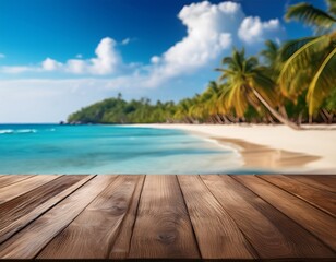 empty wooden table with blurred tropical beach background