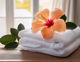 peach hibiscus flower atop white towels spa relaxation
