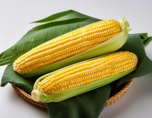 two fresh corn on the cob yellow kernels green husks