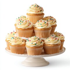 Elegant Cupcake Tower with Vanilla Frosting and Colorful Sprinkles on a White Cake Stand, Perfect for Celebrations and Sweet Treats