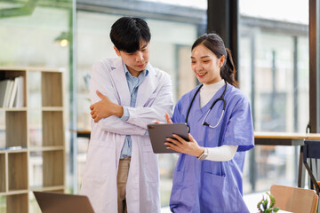 Nurse, doctor or healthcare team with tablet planning schedule, life insurance or medical research...