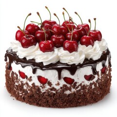 Delicious Black Forest Cake with Fresh Cherries, Whipped Cream, Chocolate Shavings and Chocolate Sauce isolated on White Background, Perfect for Celebrations