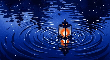 Floating Lantern in the Night – Dreamlike Watercolor Scene of Peace and Letting Go