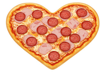 Delicious heart shaped pepperoni and ham pizza isolated on transparent background