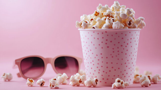 Popcorn in a polka dot bucket with sunglasses on pink background