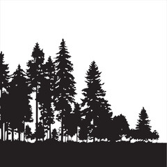 Dense Pine Forest Silhouette: Scenic Black & White Wilderness Vector
