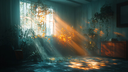 Fototapeta premium Sunlight Streaming Through Window in Serene Indoor Garden Space
