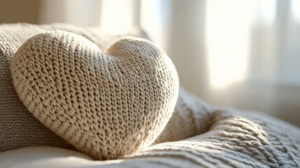 Cozy knitted heart cushion resting on soft fabric, featuring warm natural light highlighting its texture, ideal for home decor and love-themed compositions.