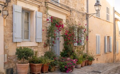 Fototapeta premium Charming Mediterranean Alleyway With Colorful Doors and Vibrant Flowers