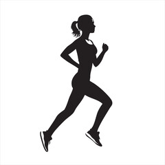 Silhouette of a Woman Running in Athletic Pose on White Background – Vector Style for Fitness and Sports Design